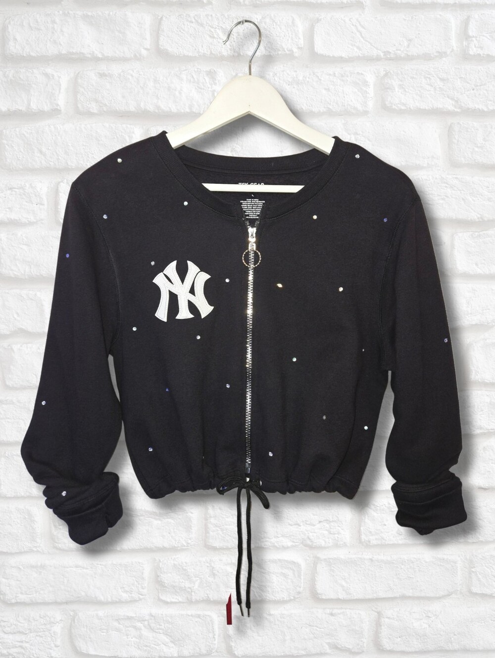 New York Yankees Crop Zip-Up Sweatshirt W/Rhinestones